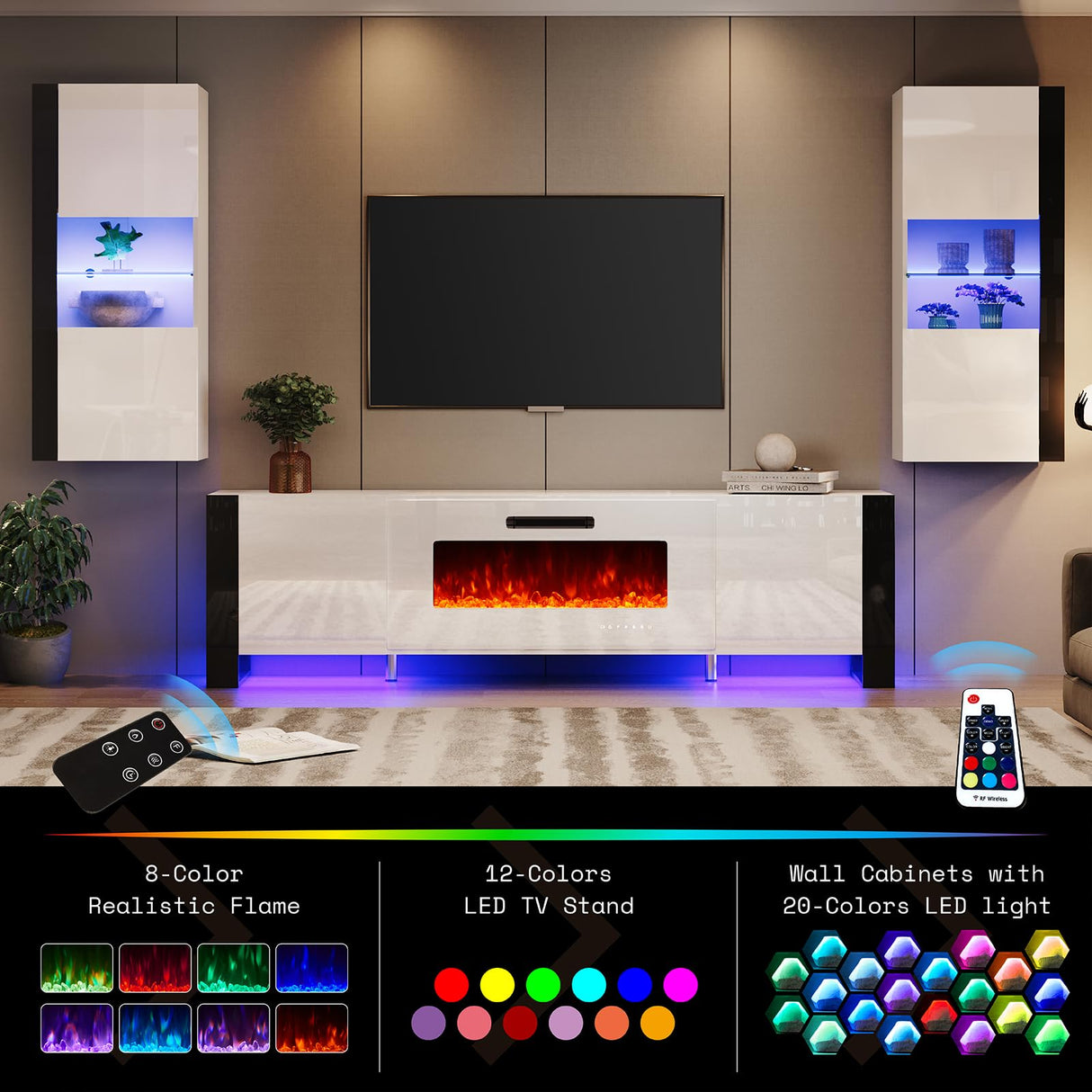 AMERLIFE 3 Piece Modern Wall Unit Entertainment Center Set, High Gloss 70" Fireplace TV Stand with 36" Electric Fireplace, 2 LED Wall Cabinets with Storage for Living Room, White AMERLIFE