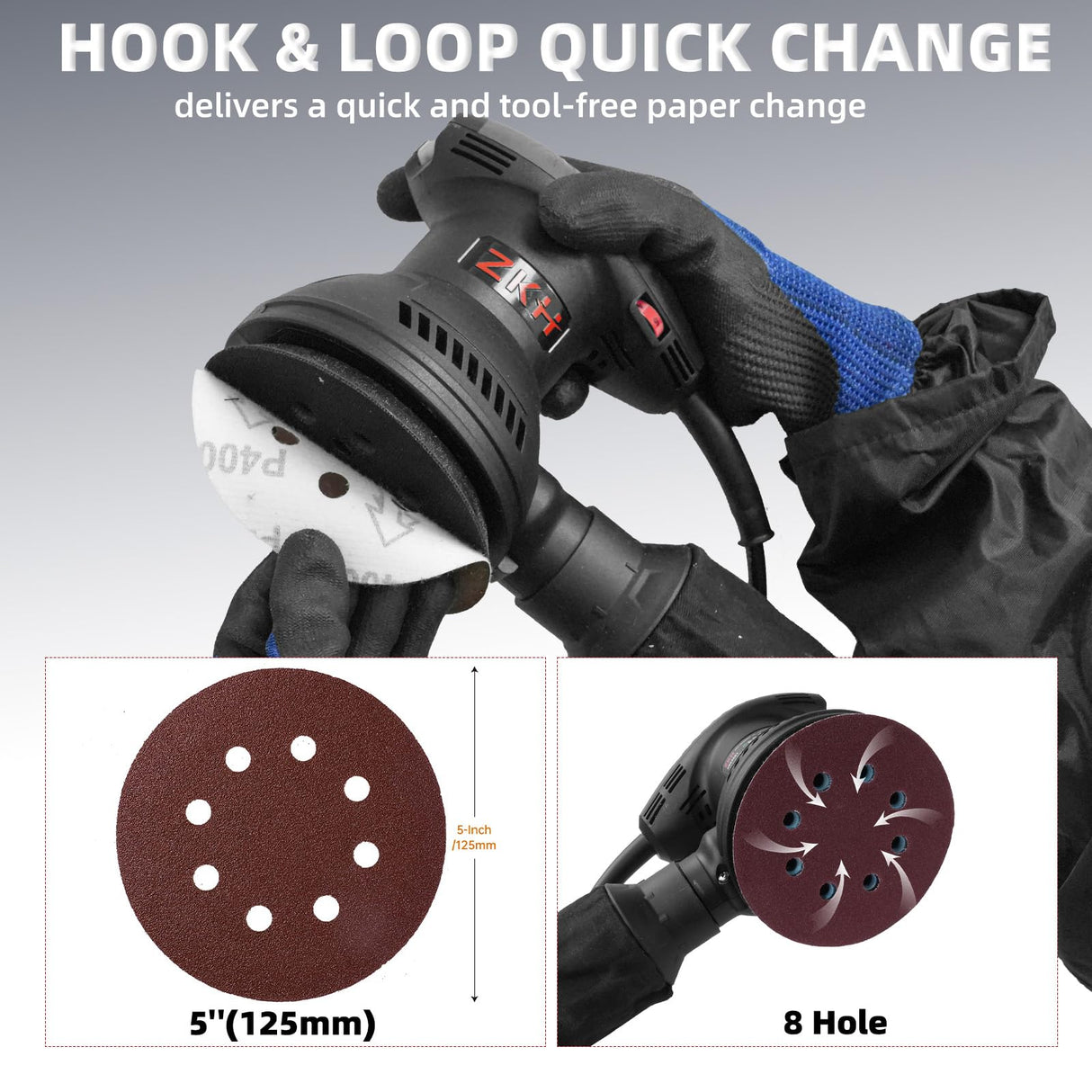 ZKH Random Orbital Sander, 6 Speeds 2.5A sander tool, 7000-14000 RPM, 5-inch Electric Sander Kit with 30pcs Sandpapers, Dust Collector, Ideal Power Palm Sander for Woodworking ZKH