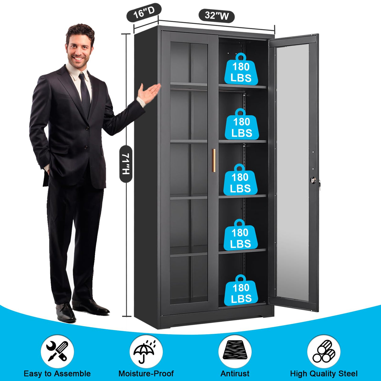 Display Cabinet with Glass Doors,Curio Cabinet with Lock,71" Metal Tall Display Case Cabinet with 4 Adjustable Shelves, Black Bookcase Locking Glass Display Cabinet for Living Room, Kitchen,Commercial SteeLoong