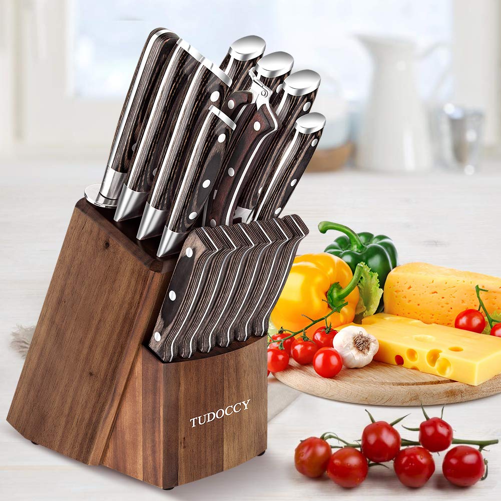 Kitchen Knife Set, 16-Piece Knife Set with Built-in Sharpener and Wooden Block, Precious Wengewood Handle for Chef Knife Set, German Stainless Steel Knife Block Set, Ultra Sharp Full Tang Forged Tudoccy
