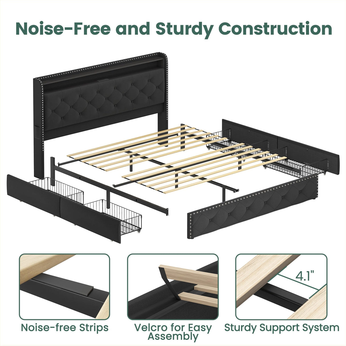 LARMACE Queen Size Bed Frame with Storage & LED Lights & USB Charging Station, Velvet Upholstered Platform Bed with Headboard and 4 Drawers, No Box Spring Needed, Easy Assembly, Black LARMACE