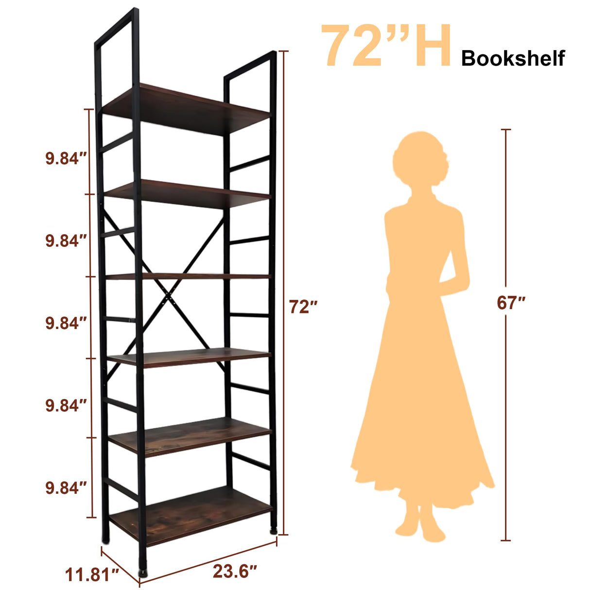 ZEUKMXOO Book Shelf,6 Tier Bookshelves,Industrial Wood Bookcase,72" H Ladder Bookshelf,Home Office Bookcase Shelf Storage Organizer,Ladder Shelf for Bedroom,Living Room ZEUKMXOO