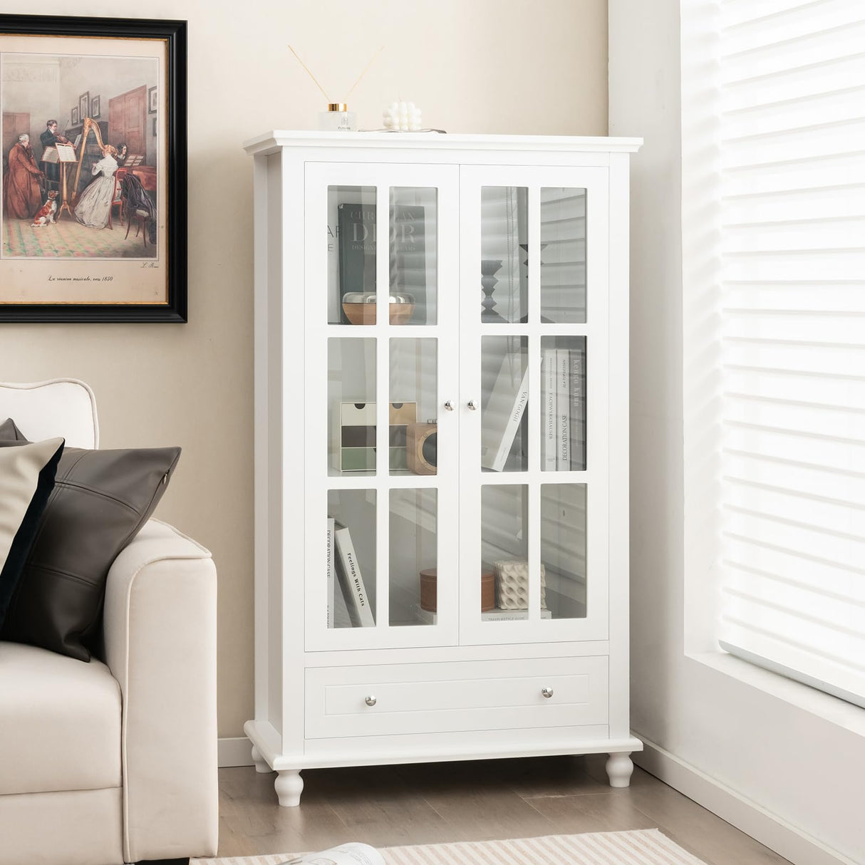 Giantex 55" White Tall Wooden Bookcase with Glass Doors, Adjustable Shelves, and Drawer Giantex