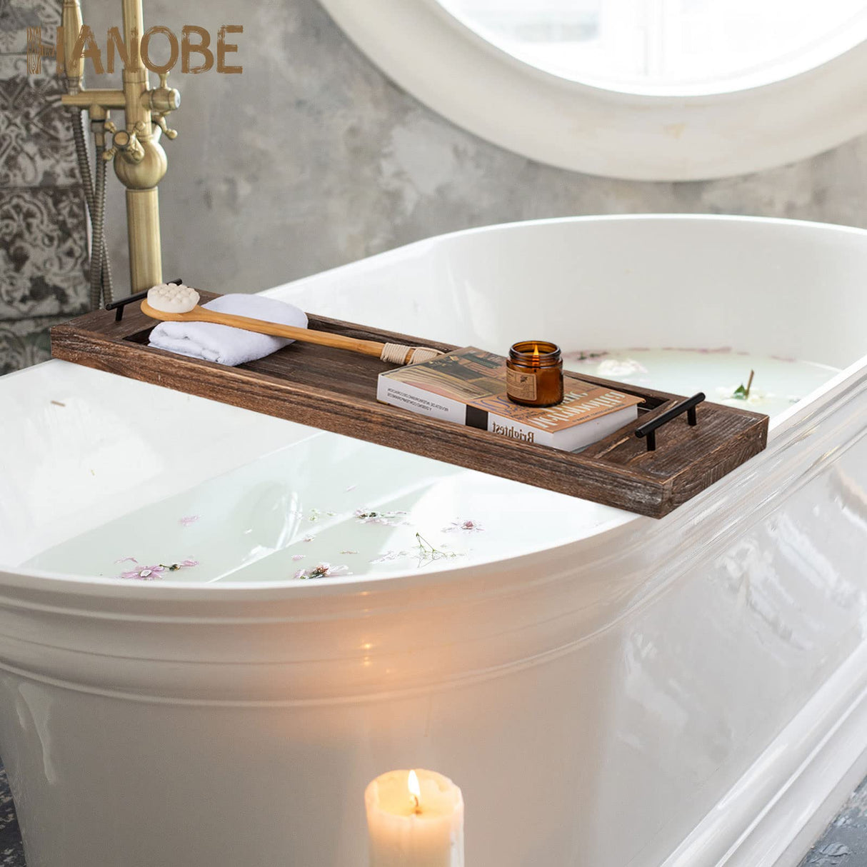 Hanobe Bathtub Tray Bath Caddy: Wood Tub Trays Table Extra Large Rustic Bathtub Shelf Across Tub Wooden Serving Tray with Handles for Bathroom, 31" Hanobe