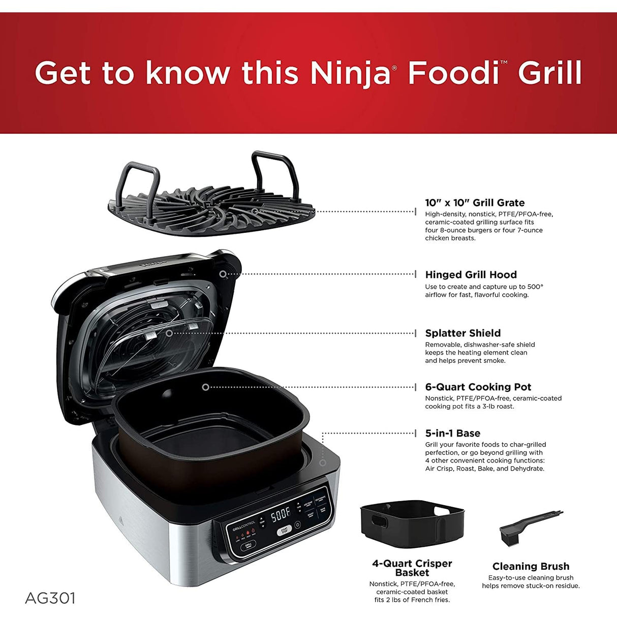 Ninja Foodi 4qt 5-in-1 Indoor Grill and Air Fryer - AG301 Ninja