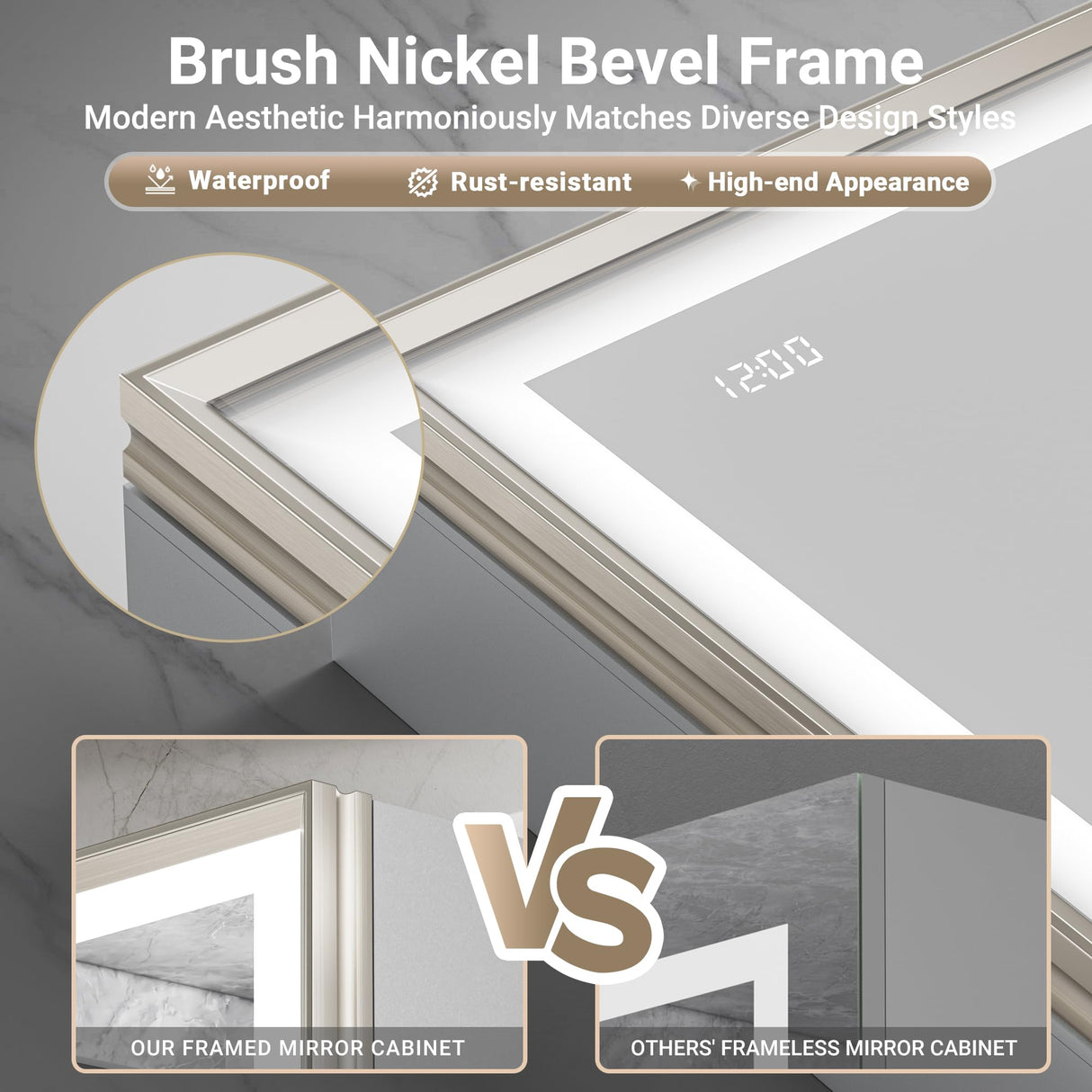 QueenFun 24x32 Lighted Medicine Cabinet with Mirror, Beveled Brushed Nickel Framed Surface or Recessed Fogless Dimmable LED Medicine Cabinet with Outlet, Time Display and Sensor Inner Light QueenFun