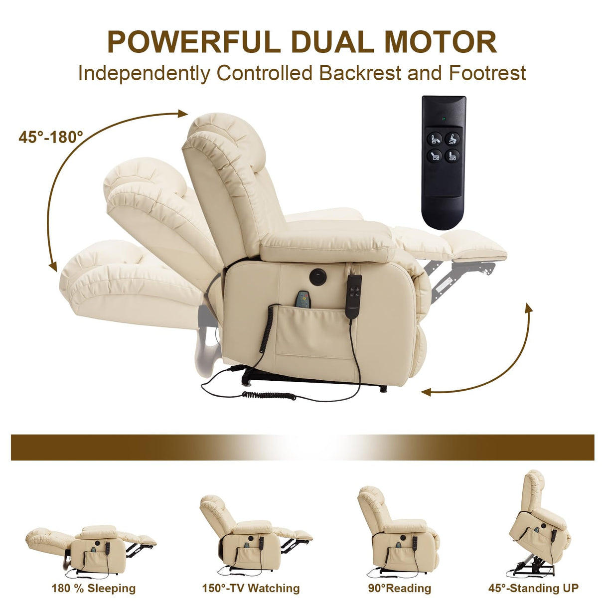 MEROUS Dual Motor Large Power Lift Recliner Chair for Elderly with Heat and Massage,Lay Flat Lift Chairs Recliners for Seniors Infinite Position,USB Ports&Remote, Genuine Leather (Beige) MEROUS