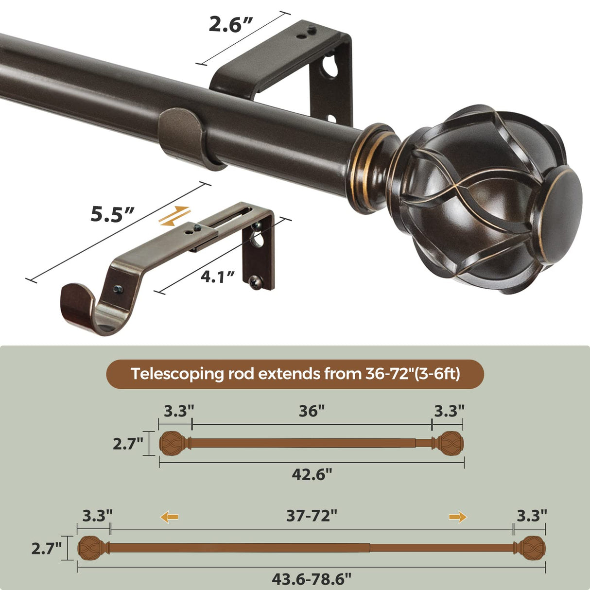 KAMANINA 1 Inch Curtain Rod Telescoping Single Drapery Rod 36 to 72 Inches (3-6 Feet), Antique Bronze Curtain Rods for Windows 24 to 68 Inches, Netted Texture Finials KAMANINA