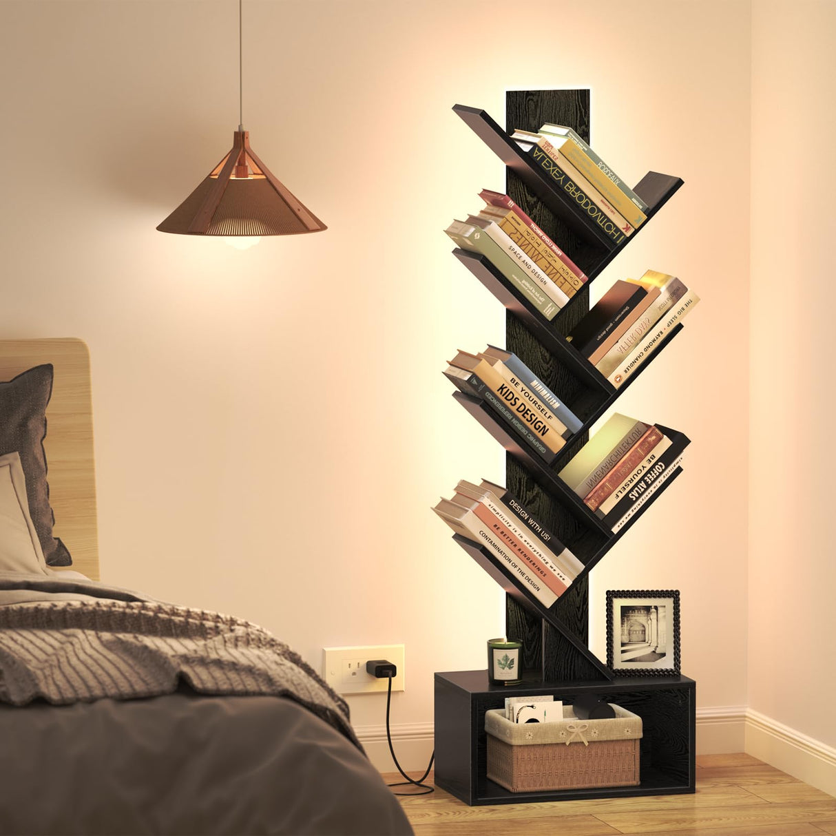 Yoobure Tree Bookshelf with LED Light, 6 Tier Book Shelf, Small Bookcase Narrow Bookshelves with Storage, Wood Book Case Organizer for CDs/Books, Floor-Standing Rack for Bedroom, Office, Black Yoobure