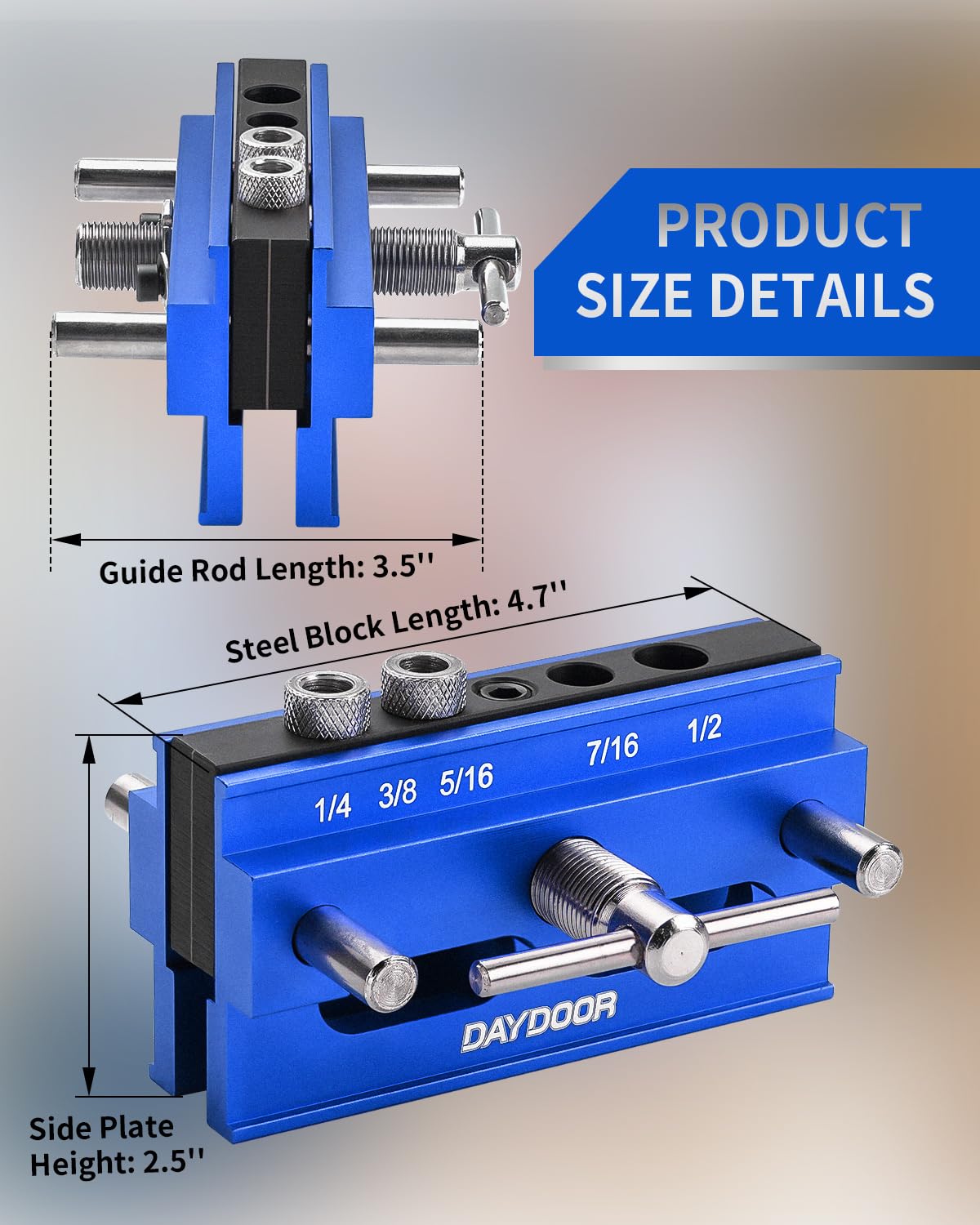 DAYDOOR Self Centering Doweling Jig, Adjustable Width Dowel Jig for Straight Holes, Biscuit Joiner Set with 6 Bushings and 3 Drill Bits(Blue) DAYDOOR