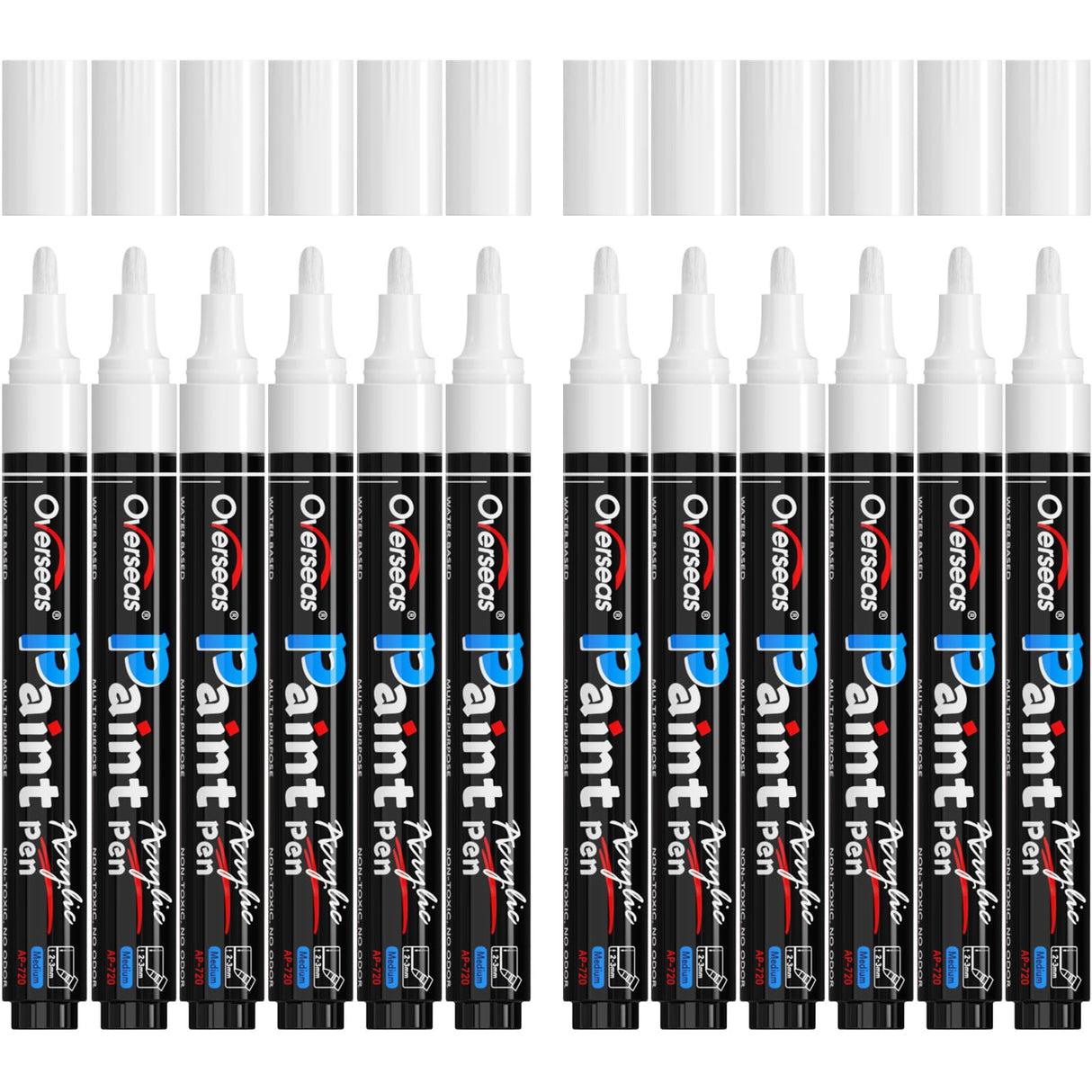 Overseas White Paint Pens Paint Markers - Permanent Acrylic Markers 12 Pack, Water-Based, Quick Dry, Waterproof Paint Marker Pen for Rock, Wood, Plastic, Metal, Canvas, Glass, Fabric, Mugs. Medium Tip Overseas
