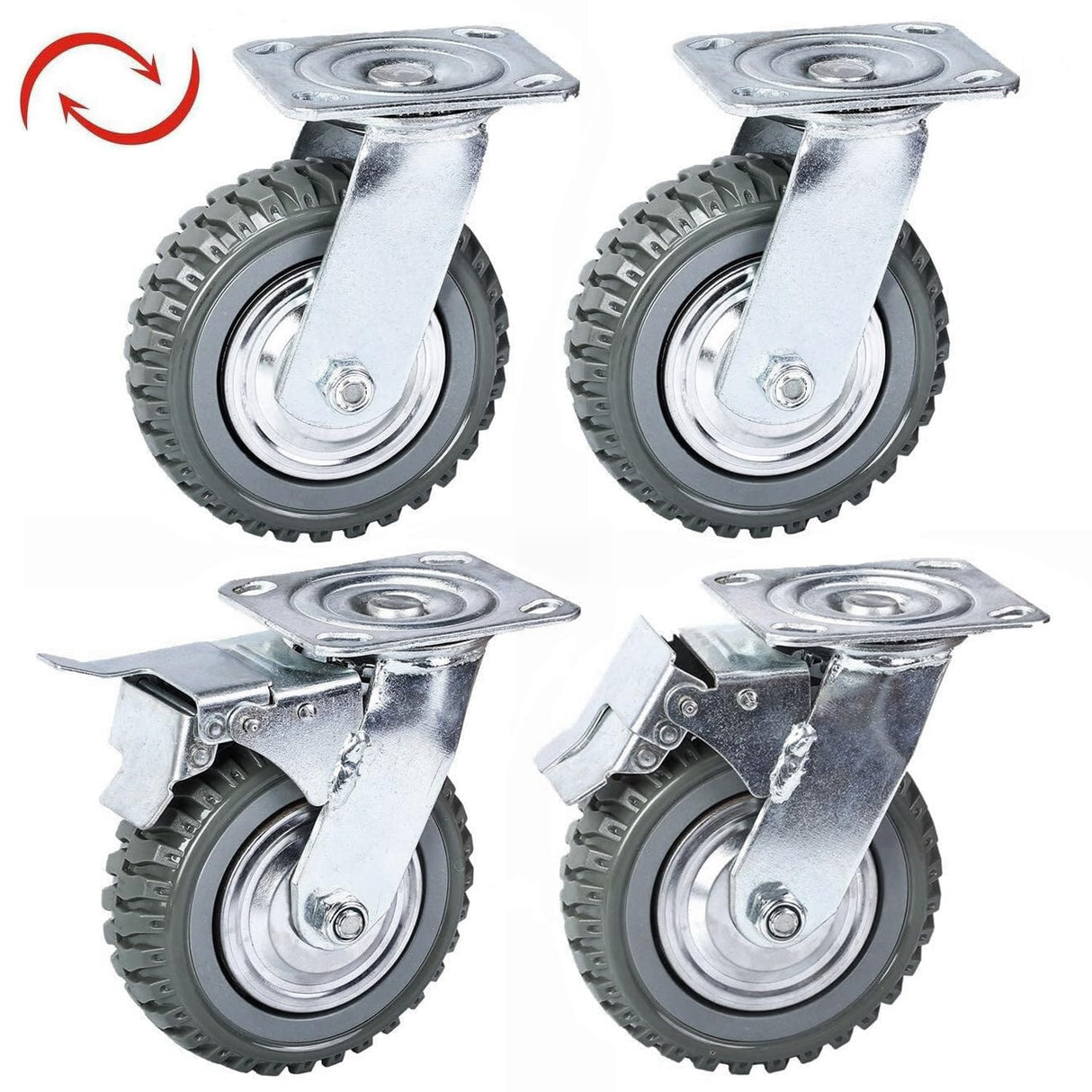 uyoyous 6 inch Caster Wheels Heavy Duty 4 Pack Anti-Skid Swivel Caster Load 1760 lbs Silent Ball Bearing Solid Wheel with 360° Rotation Top Plate (2 with Brakes& 2 Without) uyoyous