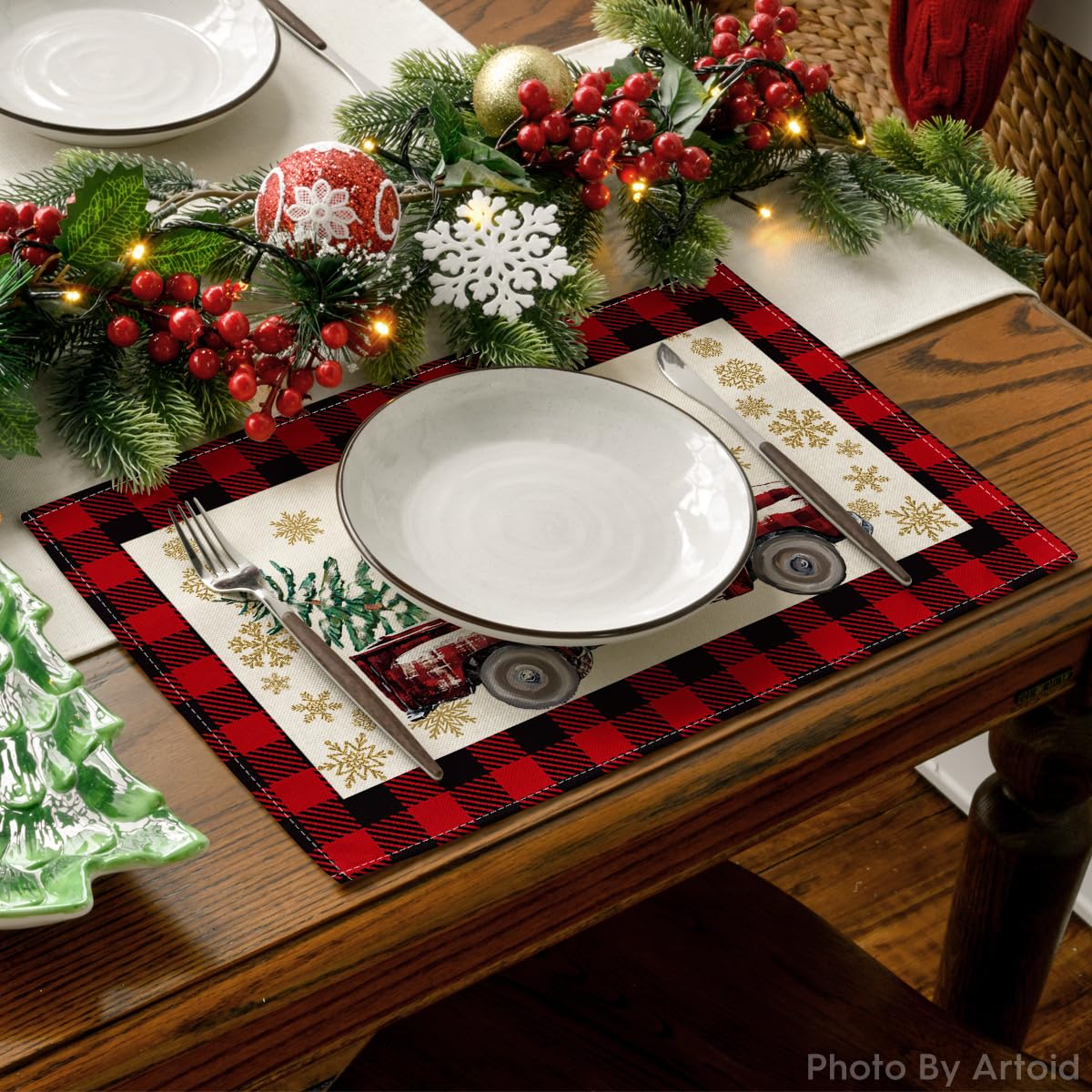 Artoid Mode Red and Black Buffalo Plaid Truck Merry Christmas Placemats Set of 4, 12x18 Inch Seasonal Winter Xmas Holiday Table Mats for Party Kitchen Dining Decoration Artoid Mode