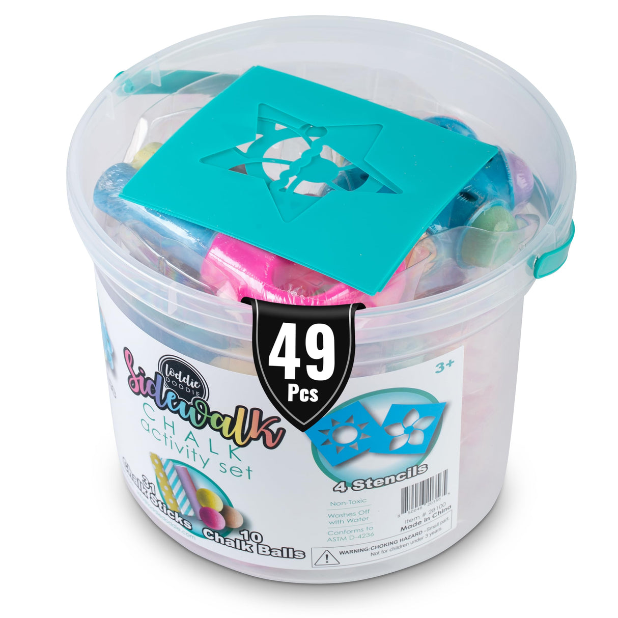 Loddie Doddie 49pc Sidewalk Chalk Bucket – Outdoor Activity Play Set for Kids, 31 Assorted Chalk Sticks, 4 Holders, 10 Ball Refills, 4 Stencils, Outdoor Water Play, Washable, Reusable Bucket Loddie Doddie