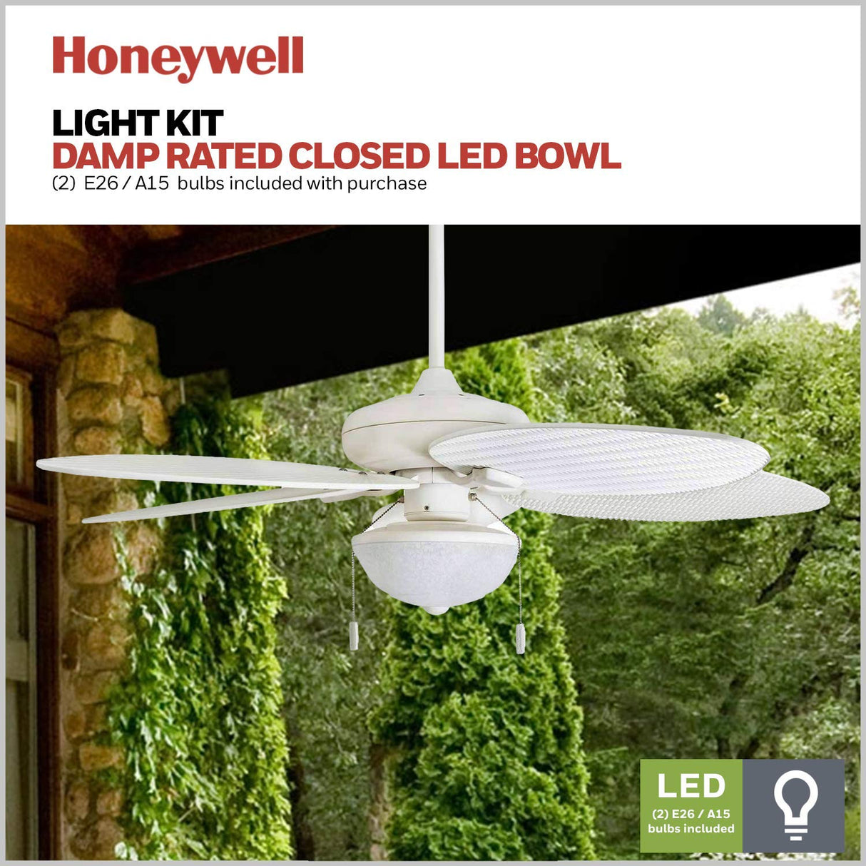Honeywell Ceiling Fans Inland Breeze, 52 Inch Tropical Indoor Outdoor Ceiling Fan with Light, Pull Chain, Three Mount Options, Weather Resistant Blades - 50511-01 (White) Honeywell Ceiling Fans