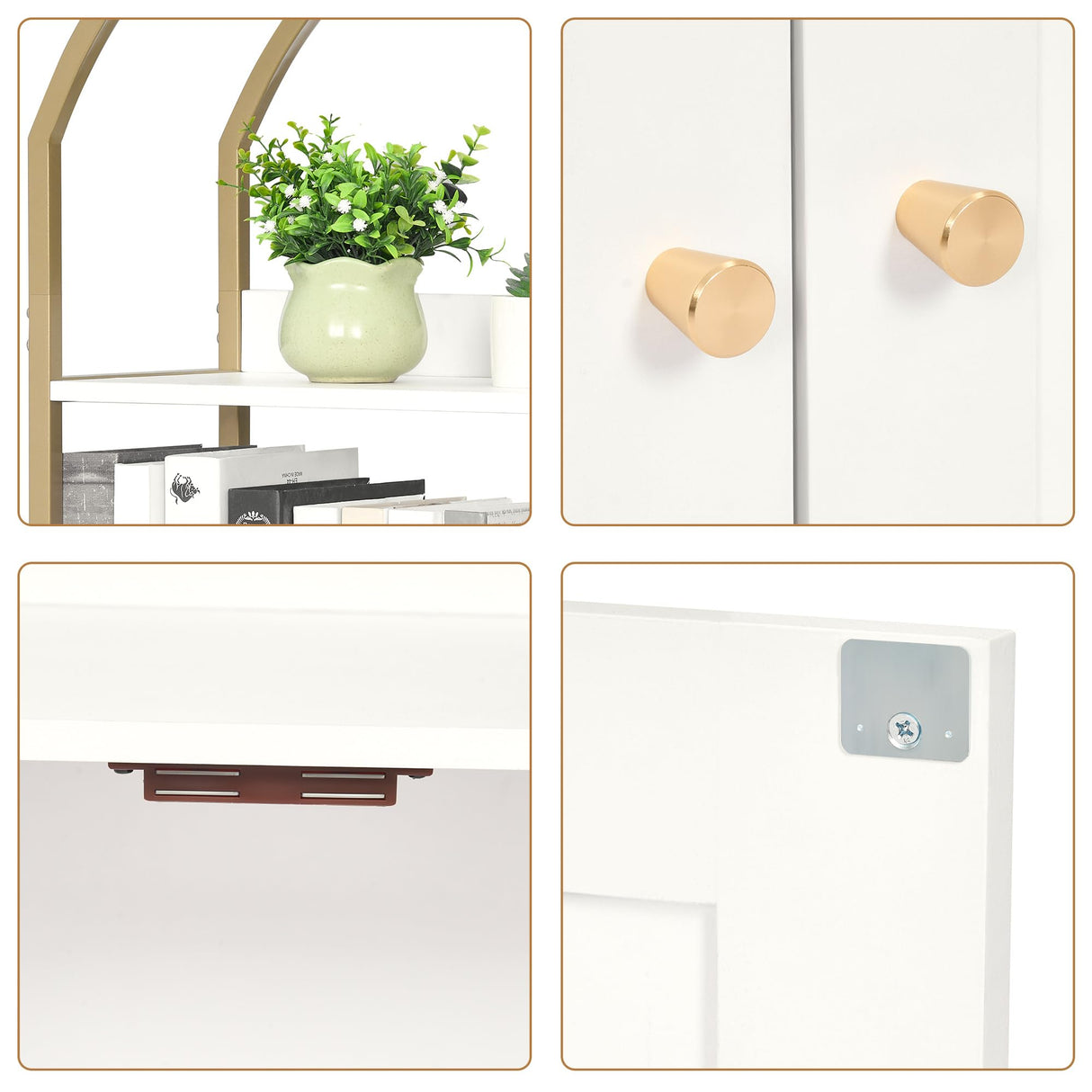 Homhedy Cat Litter Box Enclosure, Litter Box Furniture Hidden with 2-Tier Storage Shelves, Wooden Cat Washroom Furniture with Metal Frame, Modern Style, White and Gold Homhedy