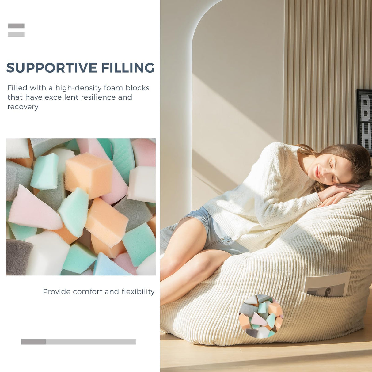 MAXYOYO Bean Bag Chair, Floor Sofa with Handle, Bean Bag Chairs for Adults and Kids, Teens Living Room Bean Bag, Accent Sofa Chair with Pocket for Gaming Reading Relaxing MAXYOYO