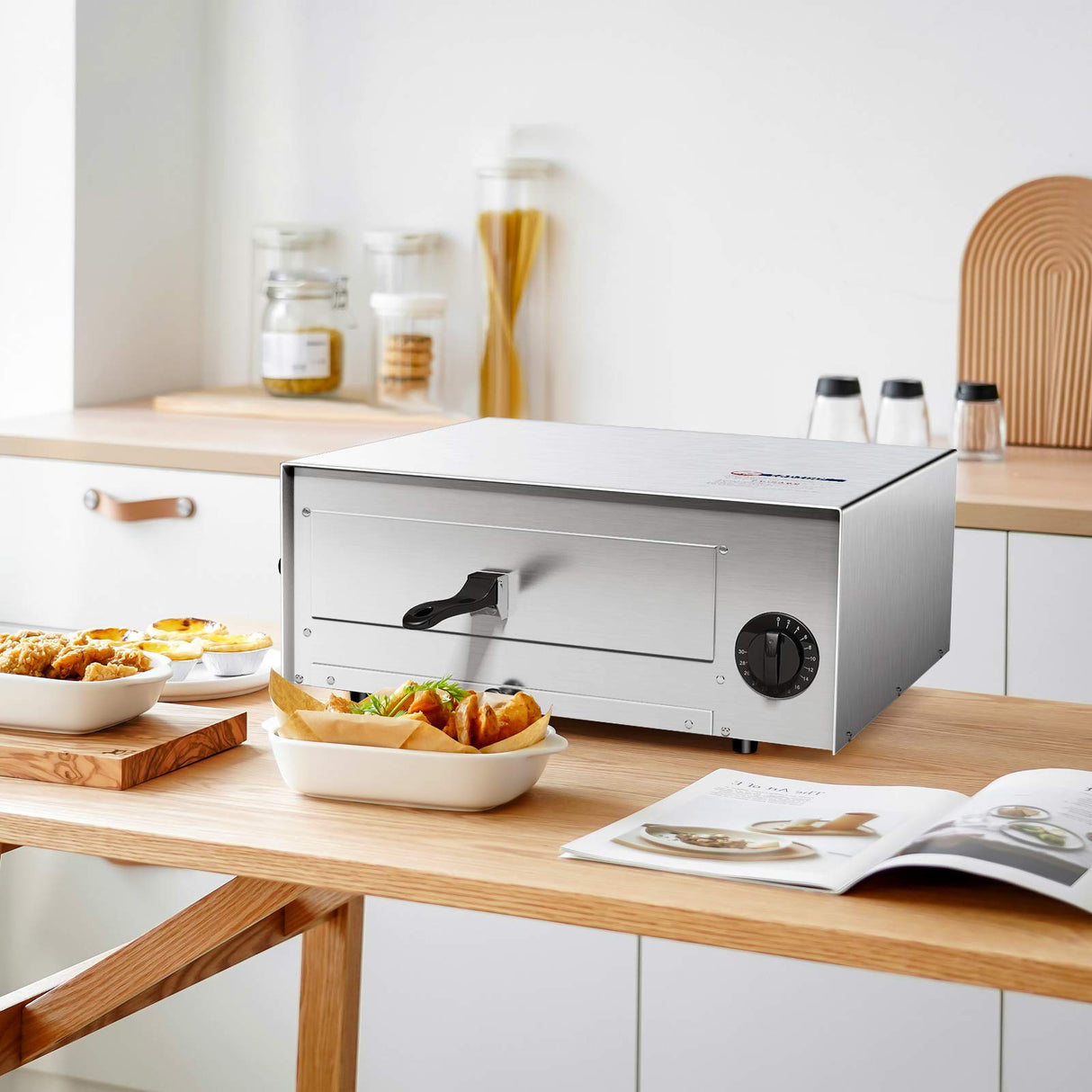 Electric Pizza Oven, Stainless Steel Pizza Baker With Auto Shut-off, Handle, Removable Pizza Tray, Countertop Pizza Maker For Kitchen & Commercial Use COSTWAY