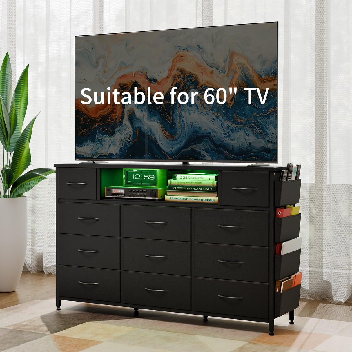 Fixwal Black Dresser for Bedroom with Power Outlets and LED Lights 11 Drawers Dresser with Side Pocket for Kids Bedroom, Fabric Chest of Drawers, for 60inch TV Long Dresser Storage Organizer Fixwal