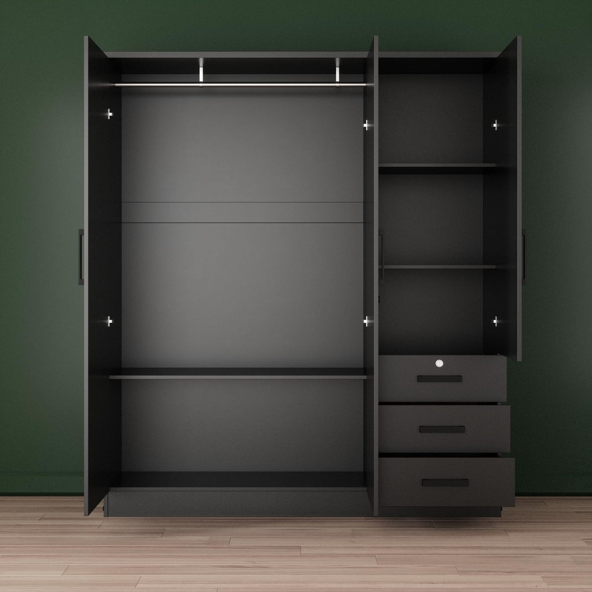 Better Home Products Violet Wardrobe Armoire Closet with Mirror, Three Drawers and 3 Doors. (Black) Better Home Products