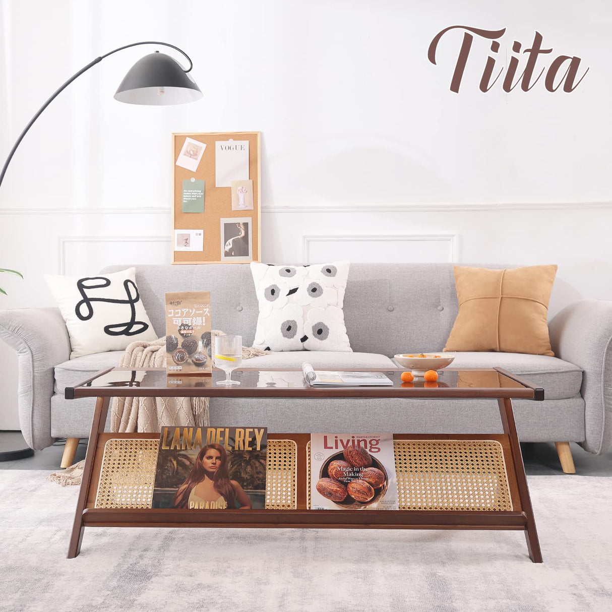 Tiita Rattan Coffee Table, Bamboo Accent Bedside Tables, Glass Nightstand Side Table, Boho Wooden End Table with Storage for Living Room,Living Room, Dining Room, Tea, Home Décor Tiita