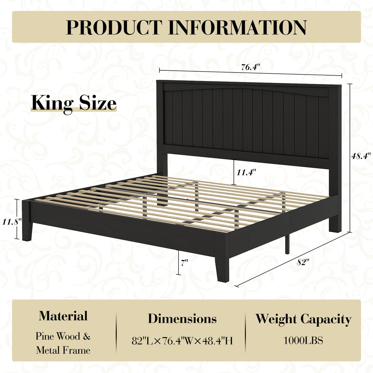 LUXOAK Queen Size Solid Wood Bed Frame with 48.4 inch Tall Headboard, Mid-Century Modern Platform Bed with Wooden Slats and Metal Frame. No Box Spring Needed, Easy Assembly, Black LUXOAK