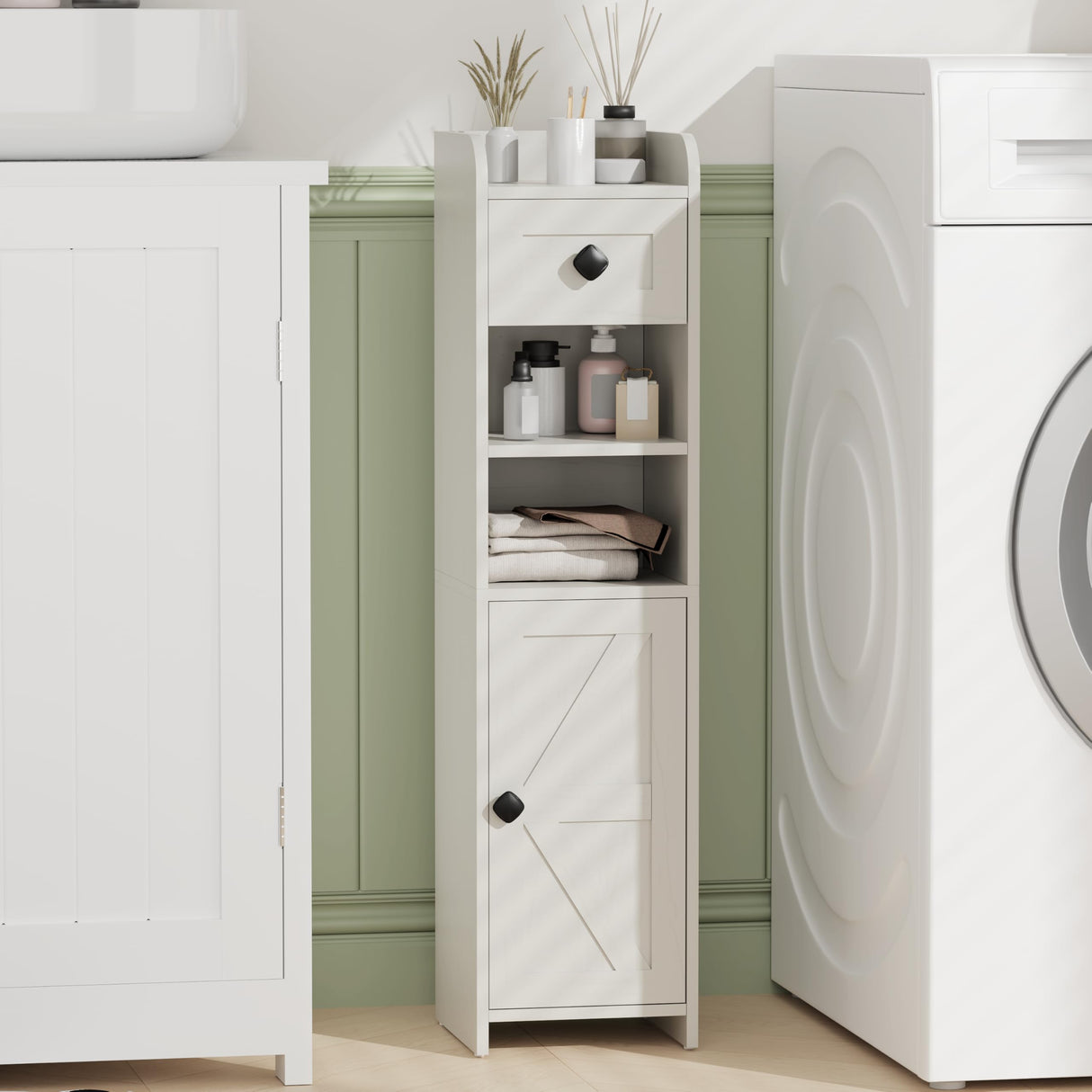 BEWISHOME Bathroom Storage Cabinet, Small Corner Floor Cabinet, Narrow Bathroom Organizers and Storage with Drawer for Small Spaces, 7.9 x 7.9 x 31.5 Inches Antique White YYG05W BEWISHOME