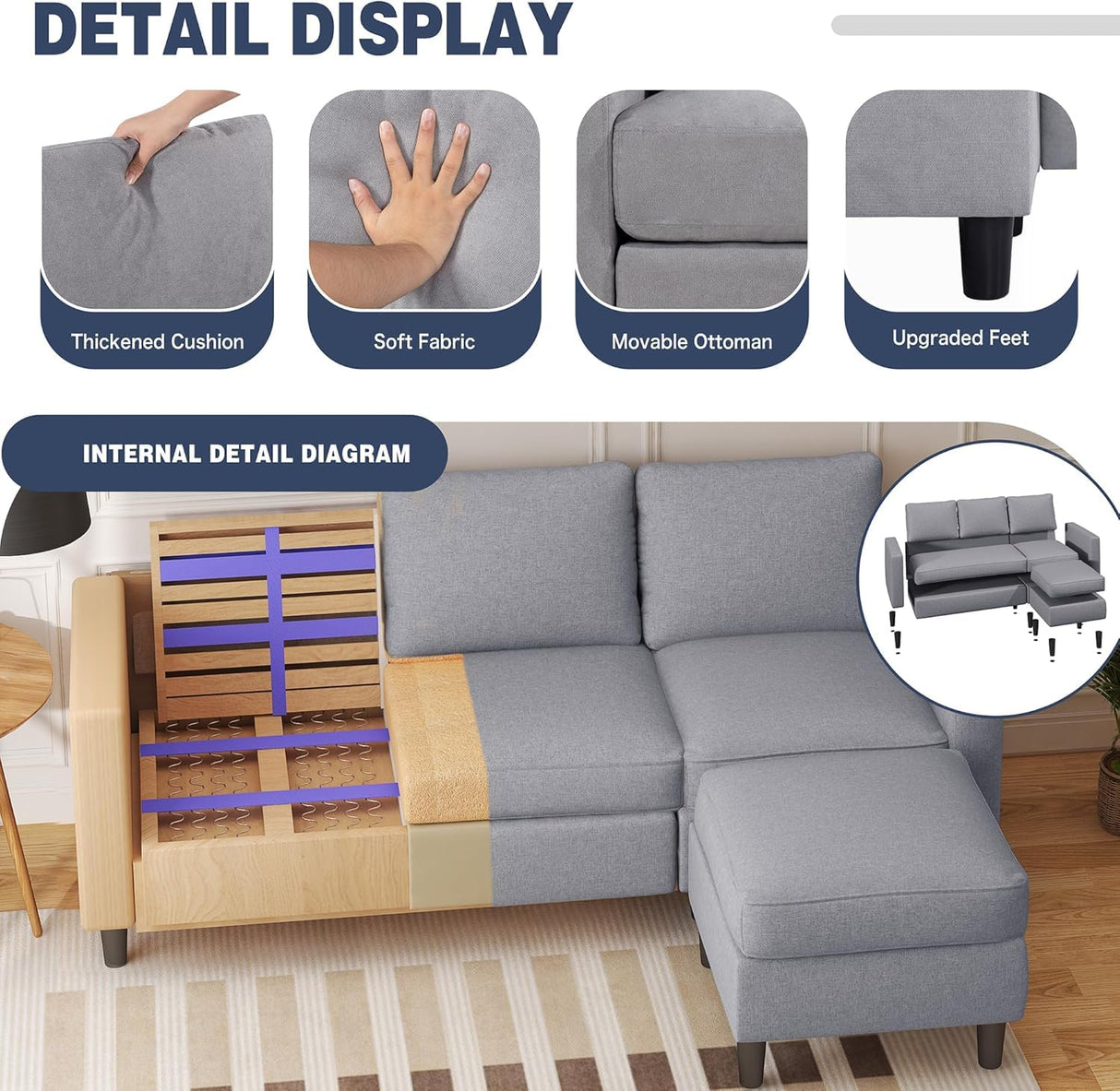 Shintenchi Small Sectional Couch Sofas, 3 Seat L Shape Sofa with Ottoman, Fabric Upholstered Convertible Sofa Couches, Small Couch for Apartments and Office (Light Grey) Shintenchi