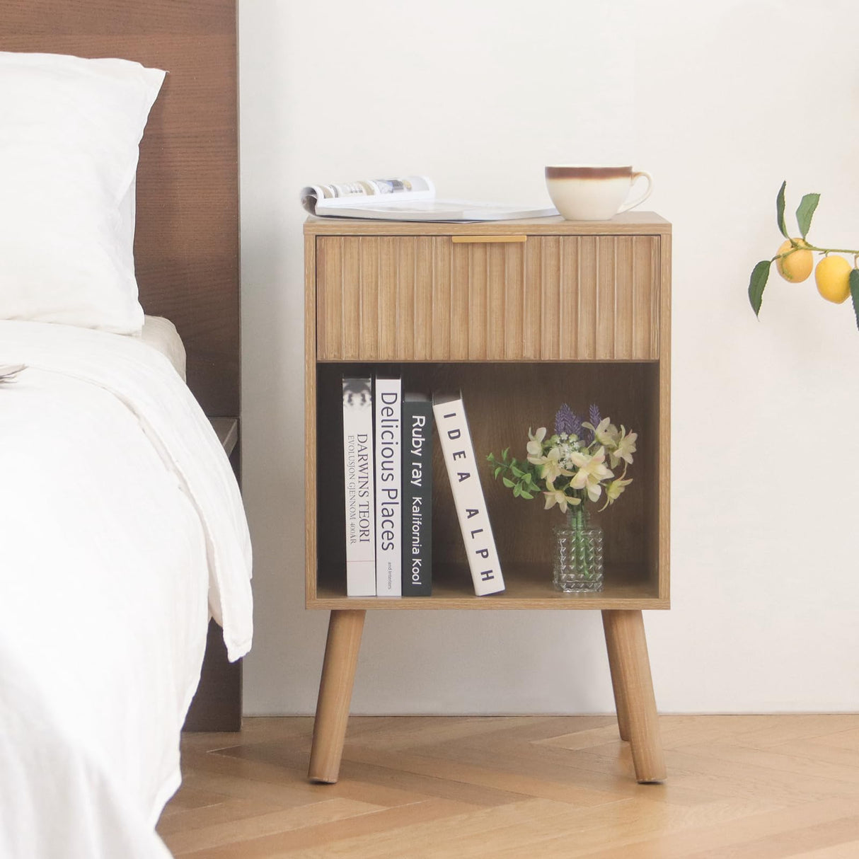 Fultyle Night Stand with Drawer, Mid Century Nightstand with Storage, Modern Fluted Bedside Table Bedroom Living Room for Small Space, Office (Rustic Walnut) Fultyle