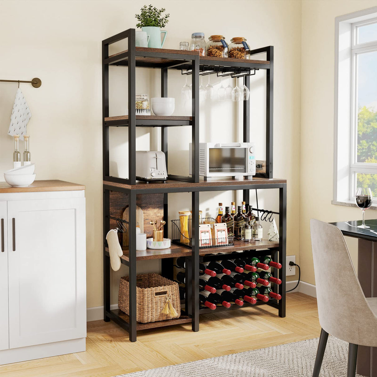 YITAHOME Kitchen Microwave Bakers Stand Wine Rack Coffee Bar Storage for Liquor Glasses Power Outlet Wine Rack Freestanding Floor Tall Farmhouse Shelf Dining Room Hutch 35 Inch Large, Rustic Brown YITAHOME