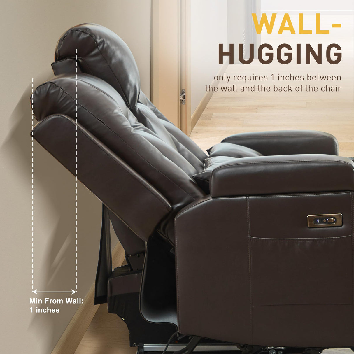 URRED Wall Hugger Loveseat Recliner Sofa with Flip Console, Power Reclining Loveseat RV Couch with LED Lights, Bluetooth, USB Ports, Outlets, Cup Holders, Side Pockets, Faux Leather, Dark Brown URRED