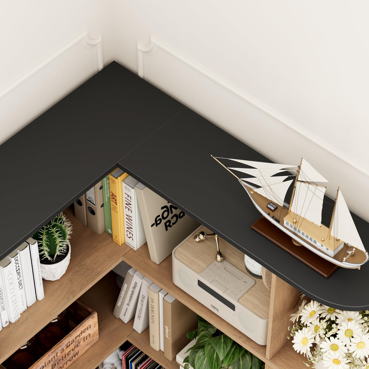 FOTOSOK 74” Tall Corner Bookshelf, 6-Tier Bookshelf and Bookcase with Open Storage, Tall Bookcases Wooden Storage Shelves for Home Office, Thickened Boards for Better Load Bearing, Black/Brown FOTOSOK