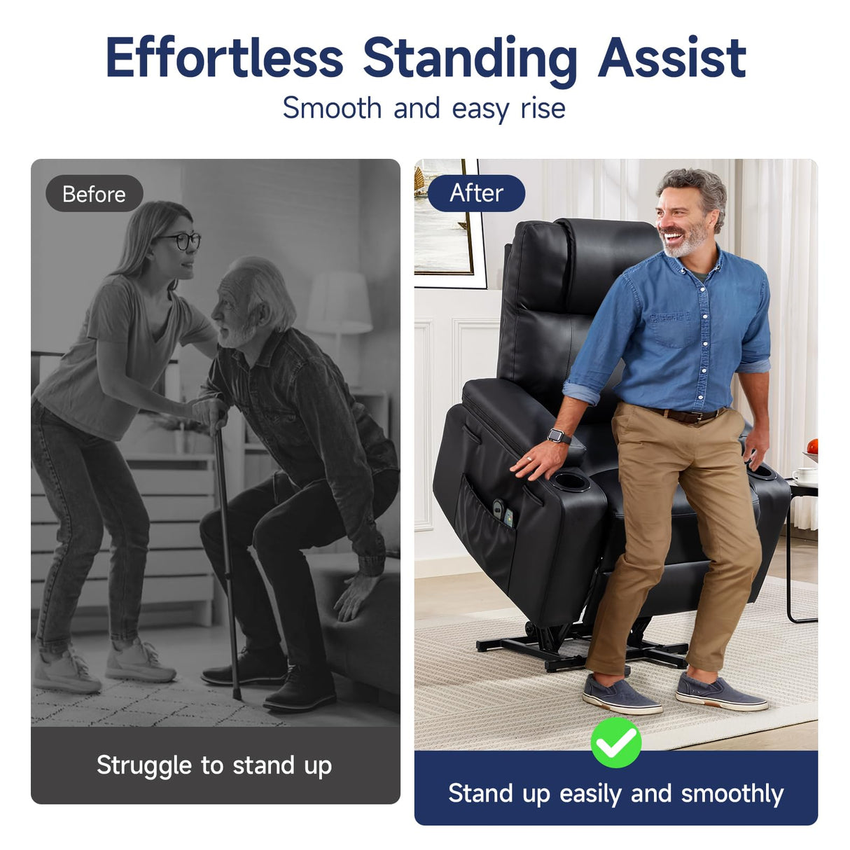 Power Lift Recliner Chair for Elderly with Massage & Heat, 160° Adjustable PU Leather Electric Recliner with Remote, Cup Holders, Side Pockets, and Stand Assist for Living Room, Bedroom (Black) Brage Living