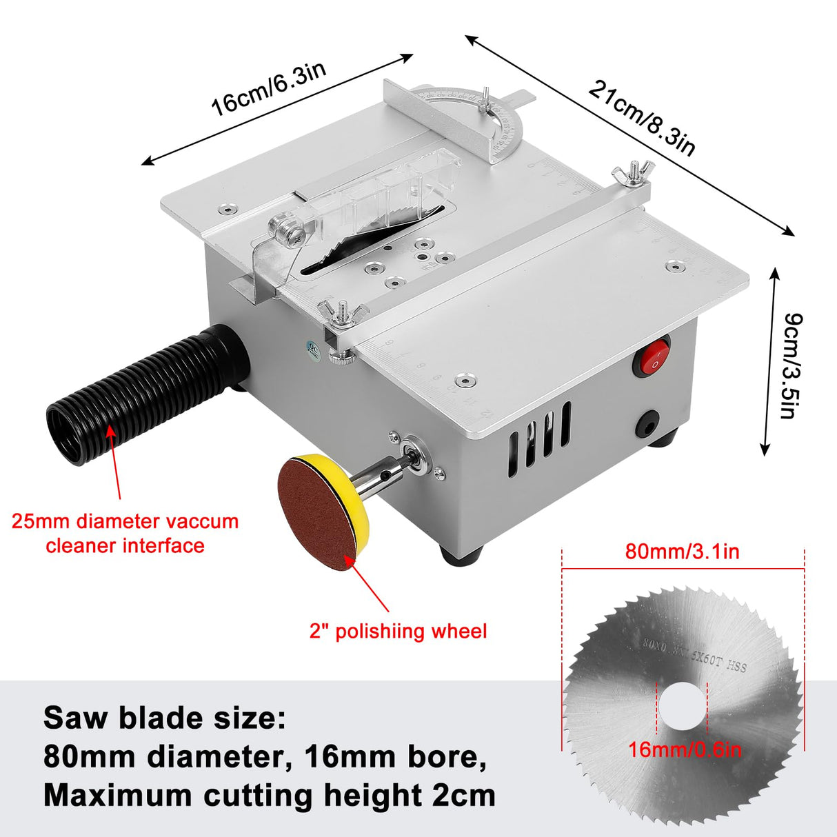 Mini Table Saw with Belt Grinder, 7-Speed Power Supply Adjustable Table Saw Portable Precision Table Saw with 4-Blades and Safety Flap, 0.1-20mm Saw Blade Height Adjustable, Aluminum F FINEC
