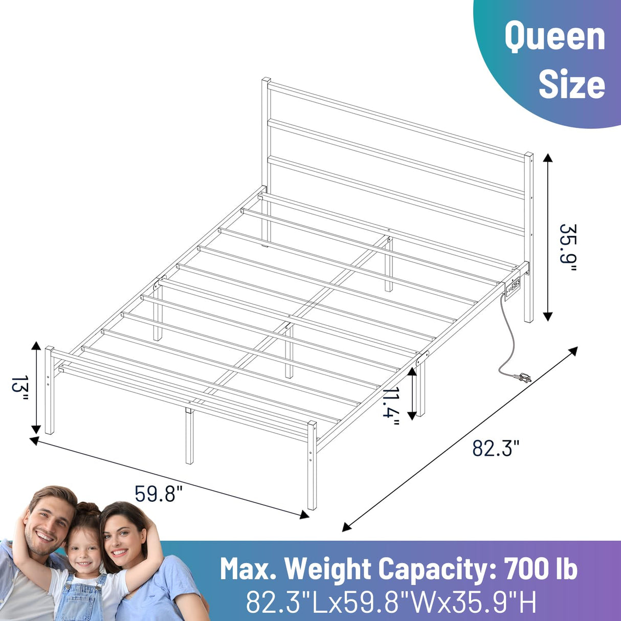 CLIBFENG Queen Bed Frame with Headboard,Heavy Duty Steel Slats Support-LED Bed Frame with USB Charging Station,Metal Platform Bed Frame-Under Bed Storage, No Box Spring Needed, Noise Free,Black CLIBFENG