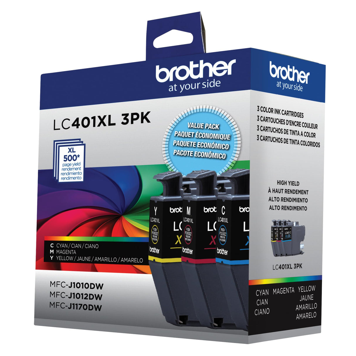 Brother Genuine LC401XL 3PK High Yield 3-Pack Color -Ink -Cartridges Includes 1- -Cartridge Each of Cyan, Magenta and Yellow -Ink. Brother