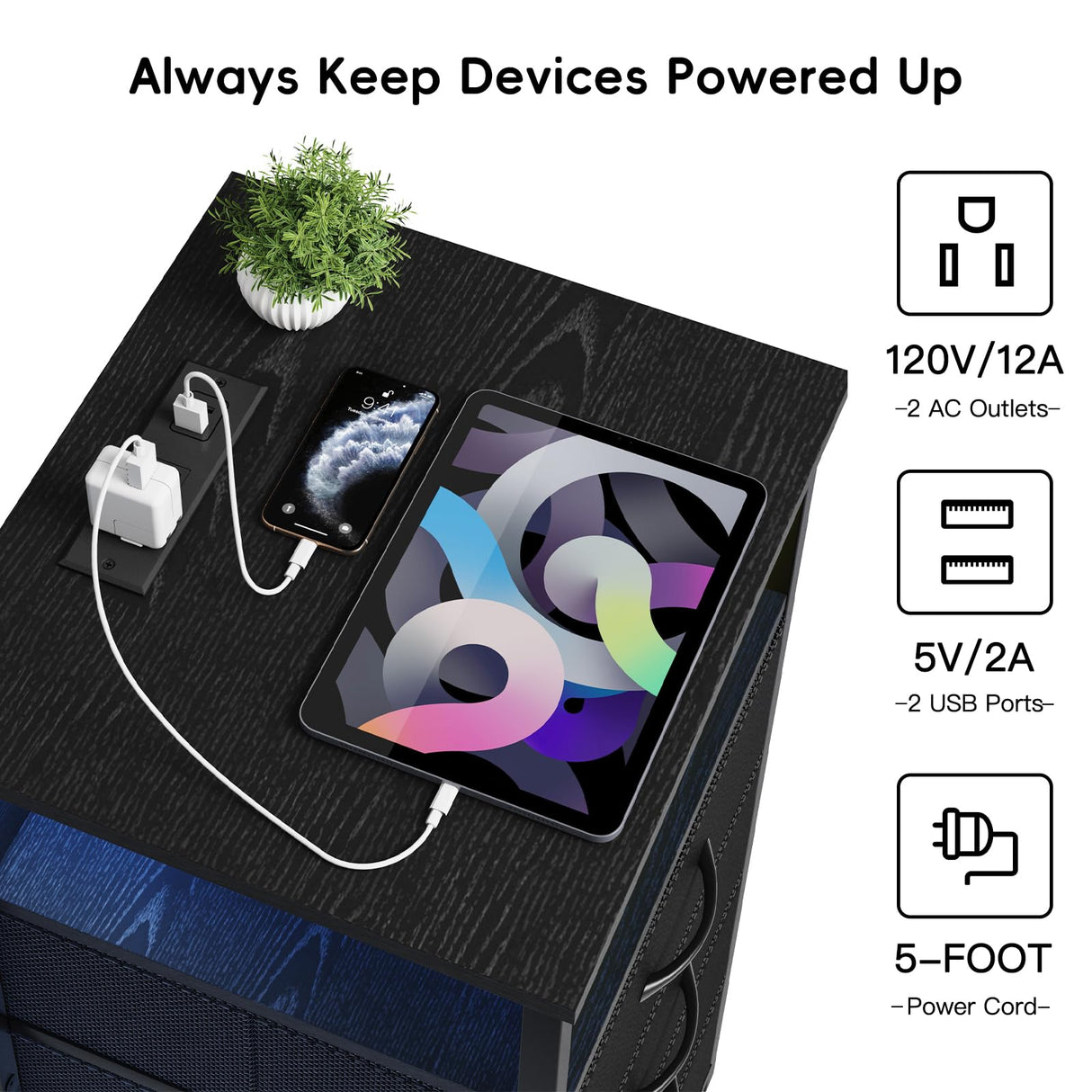 Fixwal Night Stand with Charging Station, LED Nightstand with USB Ports and Outlets, 3 Fabric Storage Drawers with PU Finish, Bed Side Table for Bedroom, Living Room, Black Fixwal