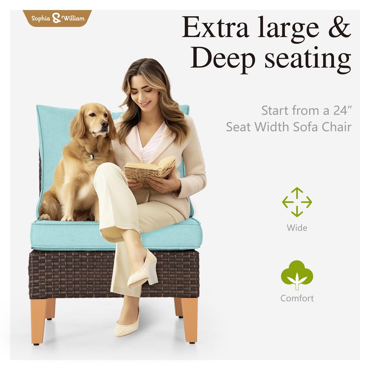 Sophia & William Patio Furniture Set with Fire Pit Table, 9 Piece Half Moon Outdoor Wicker Sectional Sofa Set, Rattan Conversation Set with 56-Inch Fire Pit Table & Ottoman (Aqua Blue) Sophia & William