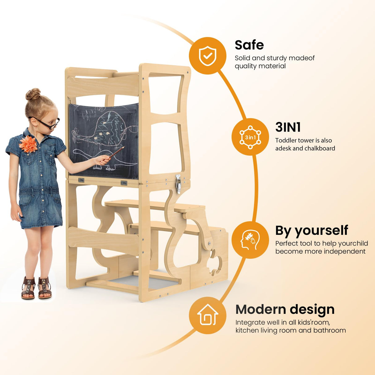Toddler Tower, Kitchen Stool Helper for Toddlers, Learning Wooden Tower with Chalkboard and Backrest, 3 in 1 Kitchen Standing Tower, Foldable Weaning Table with Safety Rail, Step Stool Montessori DGD