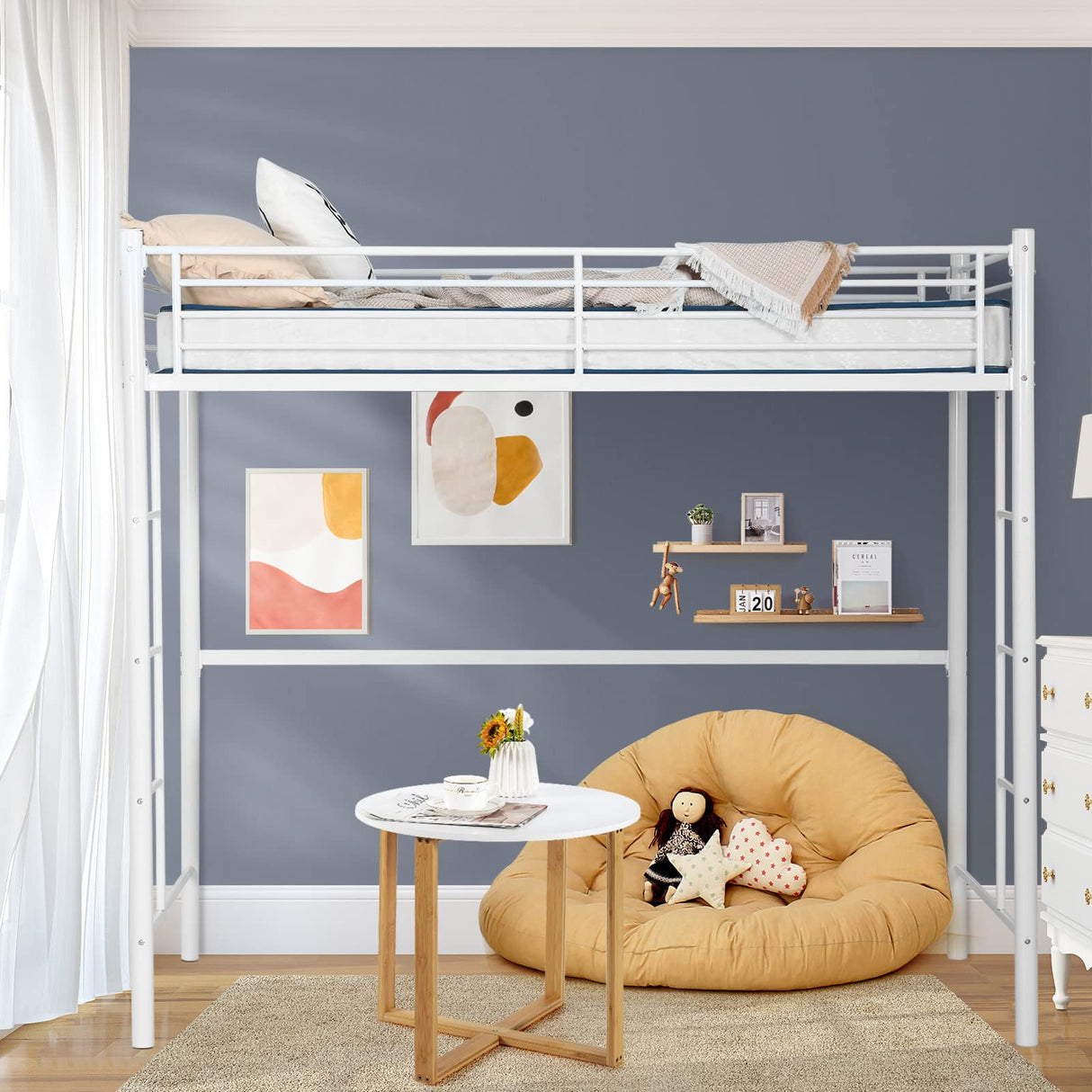 Giantex Metal Loft Bed Twin Size, Heavy Duty Loft Bed Frame with 2 Ladders, Twin Over Loft Bunk Bed with Full-Length Guard, Space-Saving Bed Frame for Kids Teens Adults, No Box Spring Needed (White) Giantex