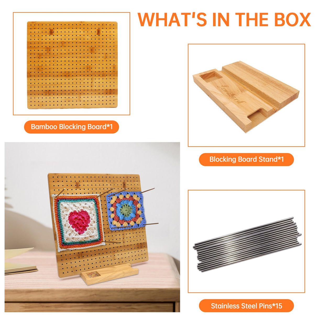 Iswabard 13x13 Inch Blocking Mats Blocking Board for Crocheting with 15 Stainless Steel Rods Crochet Blocking Board Large Base Bamboo Granny Square (Bamboo-C13‘’) Iswabard