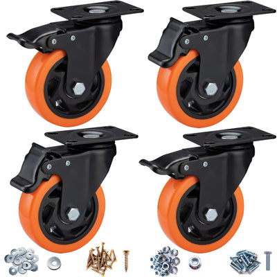 ASRINIEY Casters, 4" Caster Wheels,Casters Set of 4 Heavy Duty - Orange Polyurethane Castors, Top Plate Swivel Wheels, 4-Pack Industrial Casters with Brake, Locking Casters for Furniture and Workbench