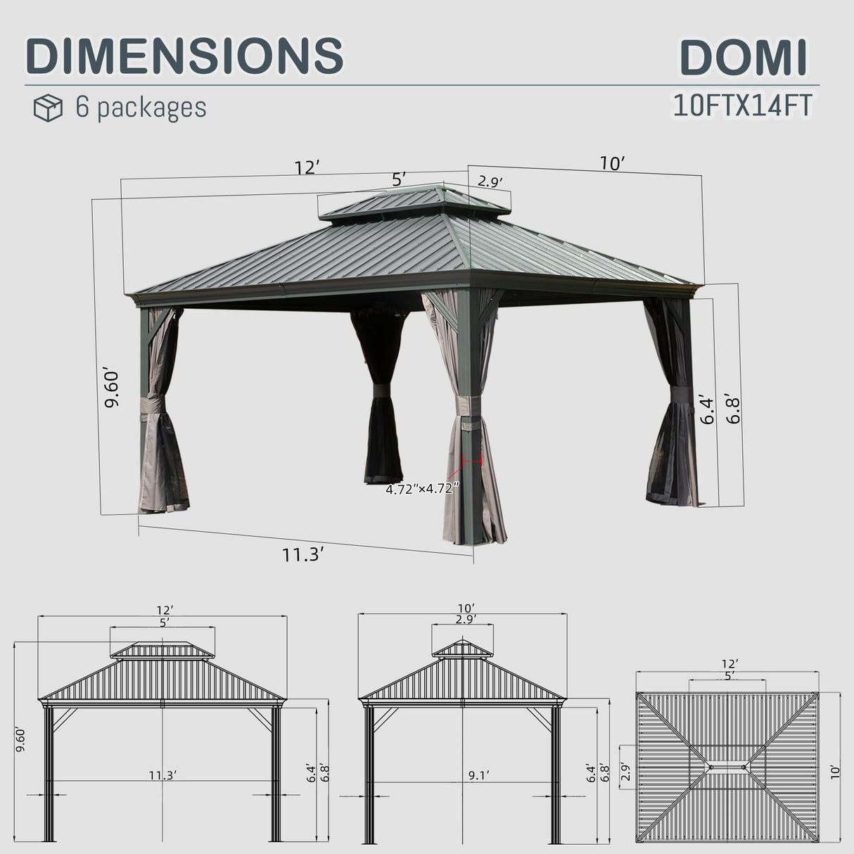 Domi 10x14FT Hardtop Gazebo, Permanent Outdoor Gazebo with Galvanized Steel Double Roof and Aluminum Frame, Curtain and Netting, Pavilion Gazebo for Patio Deck Garden, Grey domi outdoor living