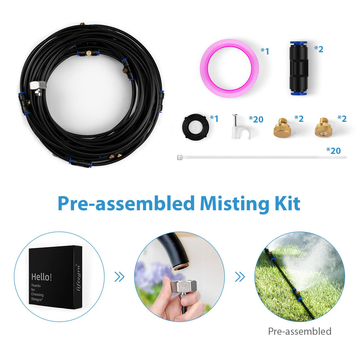 lifeegrn Misting Cooling System, Outdoor Misting System for Patio, 40 FT Misting Line+10 Mist Nozzles+3/4"Brass Adapter,Outdoor Mister System for Patio Garden Trampoline Greenhouse lifeegrn