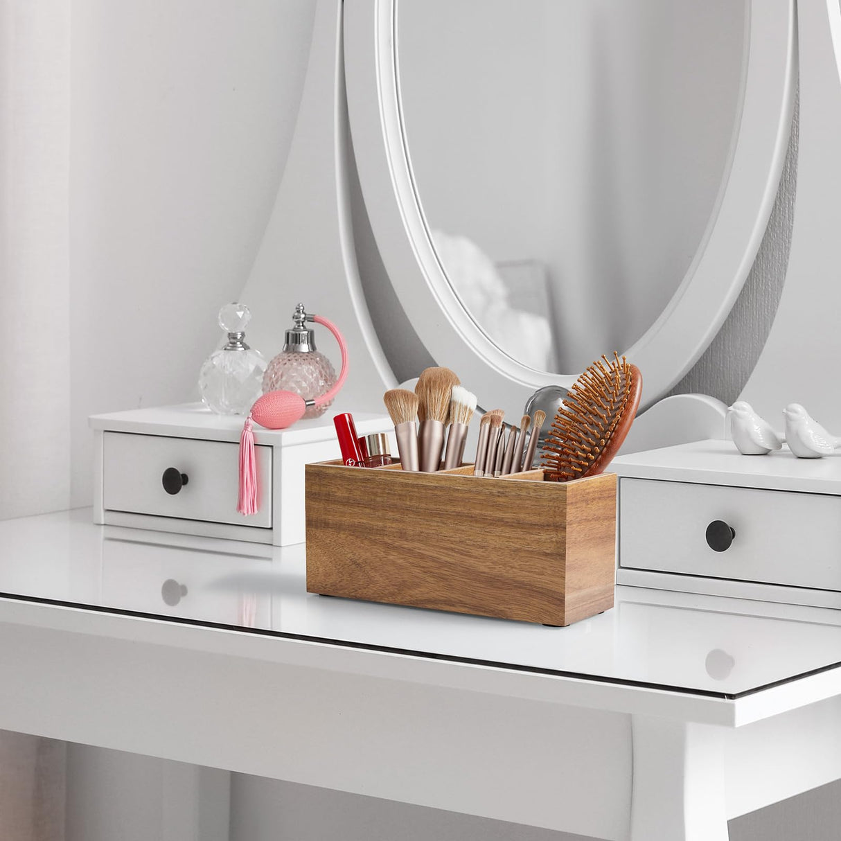 Bivvclaz Pencil Pen Holder for Desk, Acacia Wood Office Desk Organizers and Accessories with 4 Slots for Countertop, Makeup Brush Holder Organizer for Bathroom Vanity, Silverware Caddy for Party Bivvclaz