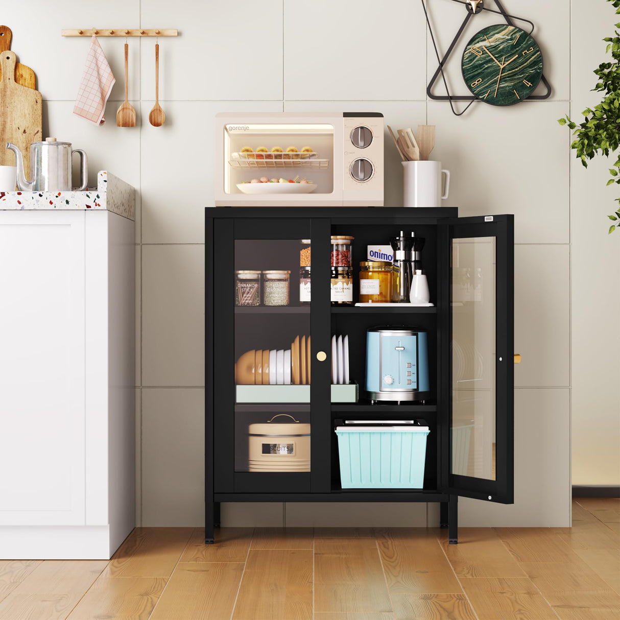 Bevivog Bathroom Floor Cabinet with Glass Doors Small Metal Storage Cabinet FreeStanding Metal Accent Cabinets with Two Door Storage Shelves, Locker Display Cabinet for Home Office Living Room Bevivog