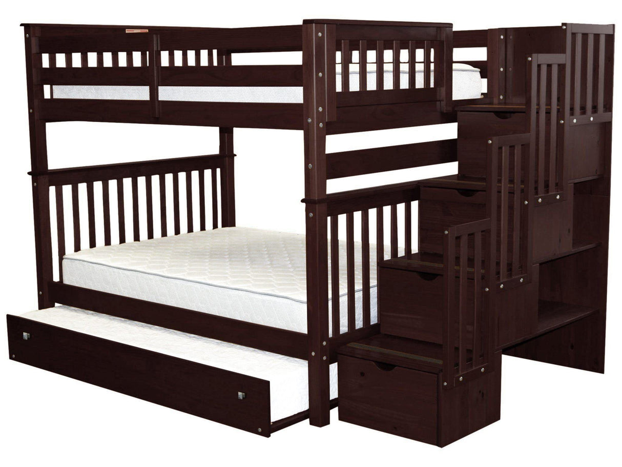 Bedz King Stairway Bunk Beds Full Over Full with 4 Drawers in The Steps and a Twin Trundle, Dark Cherry Bedz King