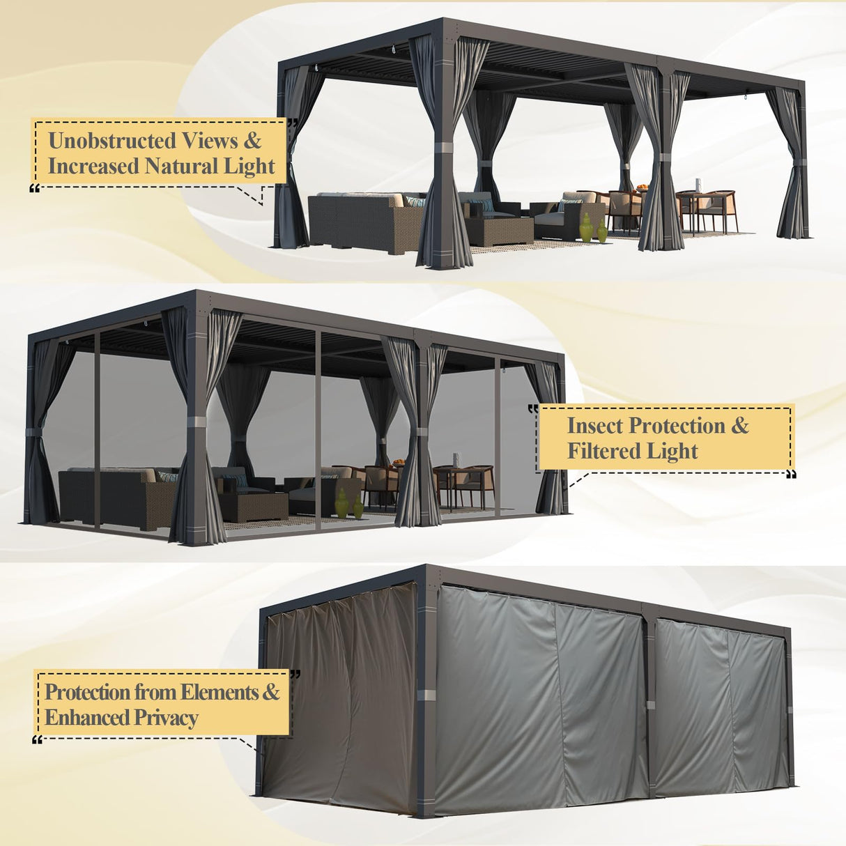 MELLCOM Louvered Pergola 12x24, Aluminum Pergola with Adjustable Louvered Roof, Outdoor Pergola with Waterproof Curtains and Nets, Dark Grey MELLCOM