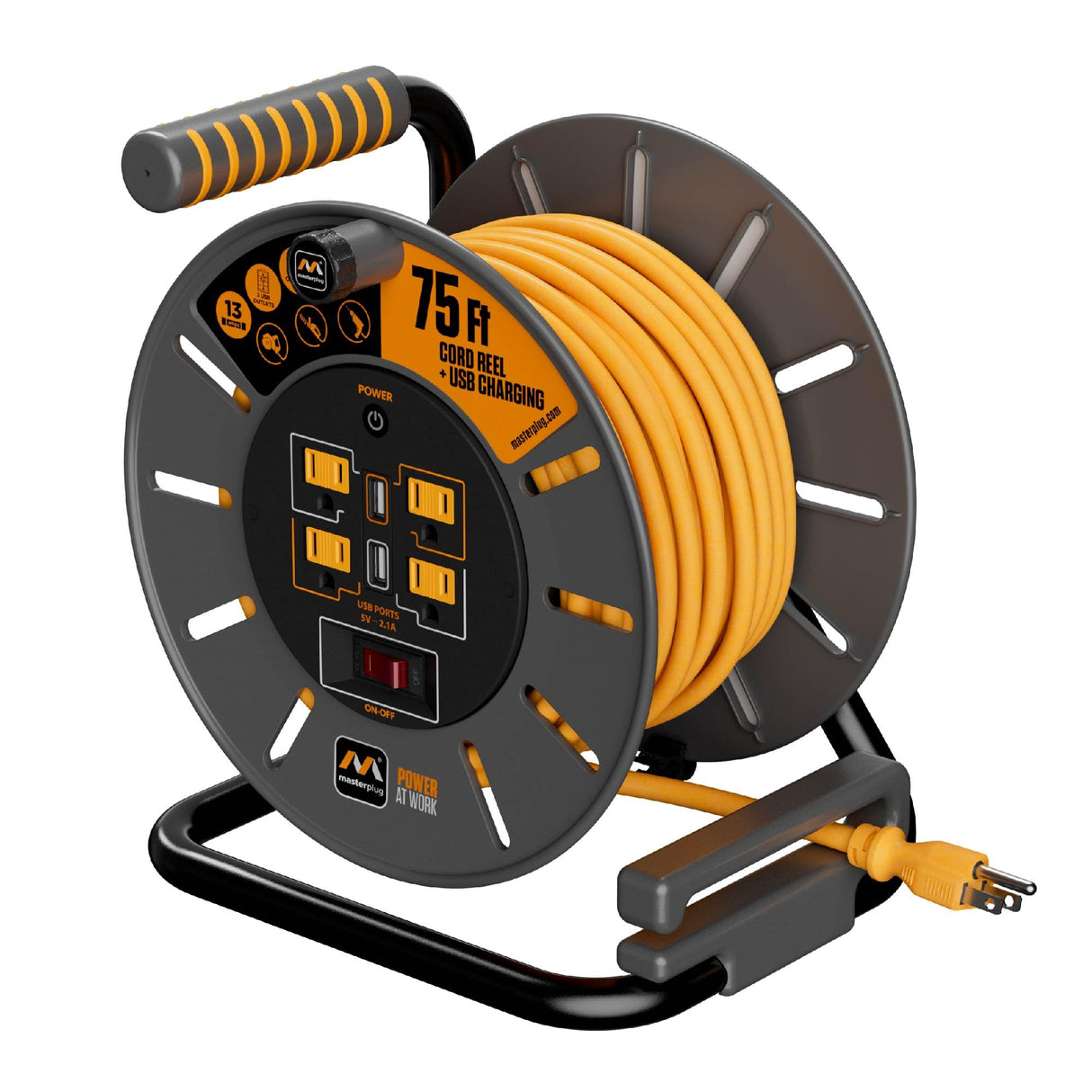 Masterplug 75ft Cord Reel, Retractable Extension Lead with Winding Handle, Safety Overload Circuit Breaker and Power Switch, 4x Grounded Outlets, 2x USB Ports, 15amps, 12AWG Cable Masterplug