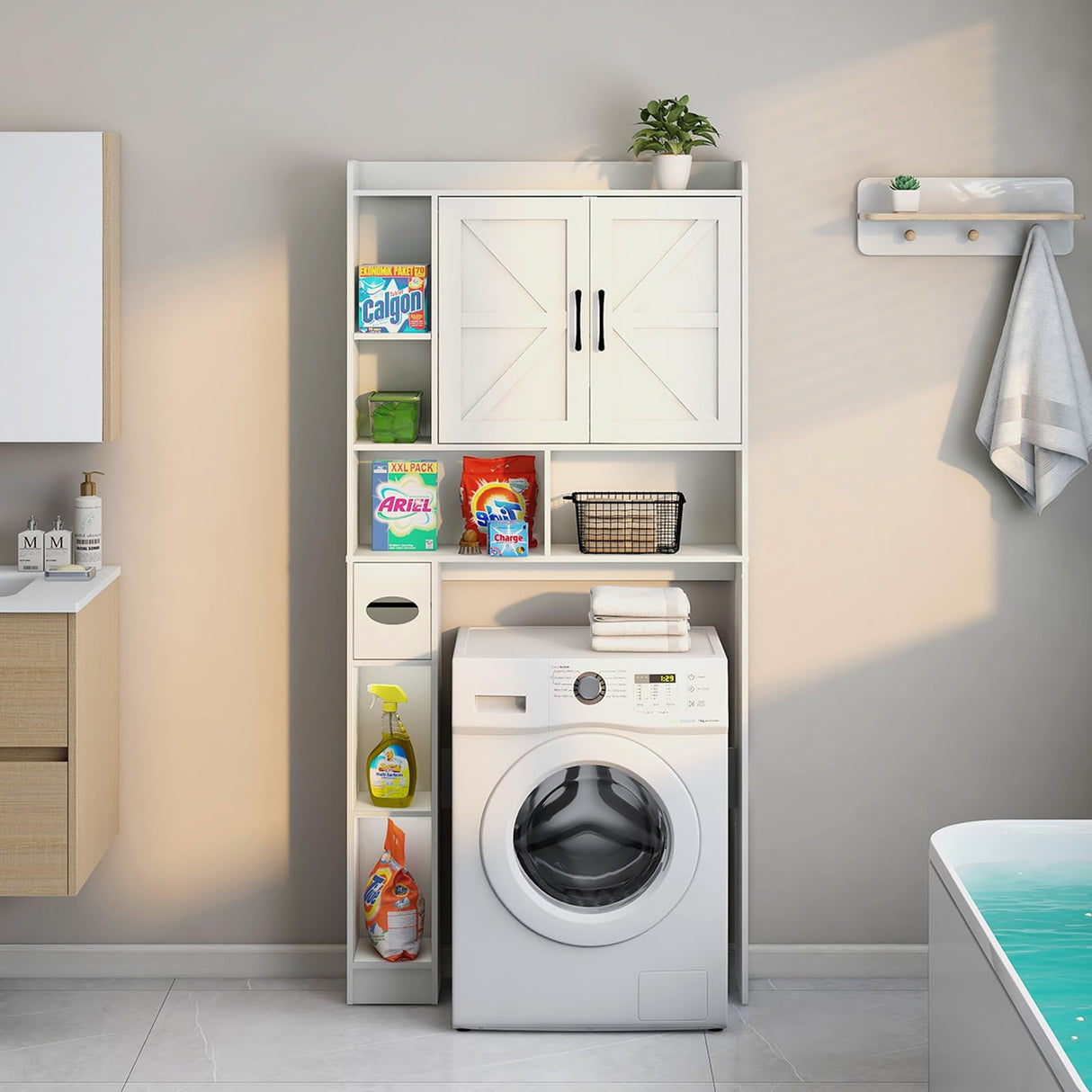 Over The Toilet Storage Cabinet, Farmhouse Storage Cabinet Over Toilet with 2 Barn Door & Toilet Paper Holder Stand,Home Space-Saving Toilet Rack, for Bathroom, Restroom, Laundry Vabches